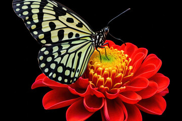 A butterfly gracefully resting on a natural-colored blossom, its colorful patterns and delicate...