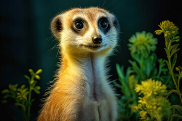 Fototapeta premium A stunning close-up portrait of a meerkat in the golden light of the savannah, capturing its expressive eyes and unique facial features, portraying the meerkat's curious and social natur