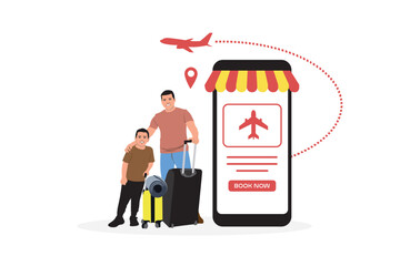 Airport terminal. People with luggage and smartphone. Vector illustration in flat style