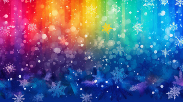 Snowy landscape in rainbow colors. Generated with ai.