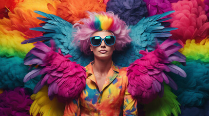 Colorful portrait of a person surrounded by feathers, generated with ai