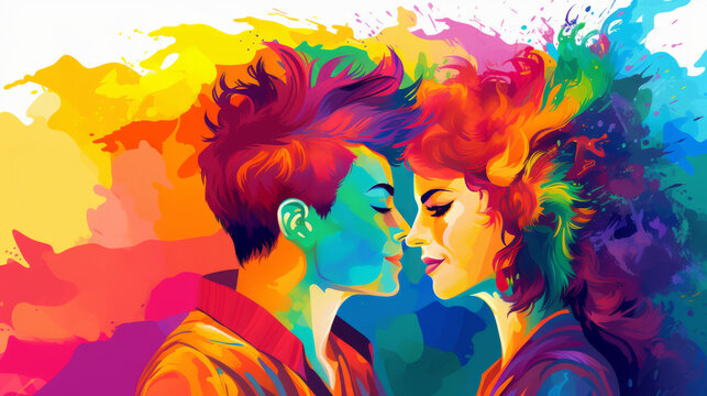 Painting of two members of the LGBTQ community in rainbow colors kissing each other, generated with ai