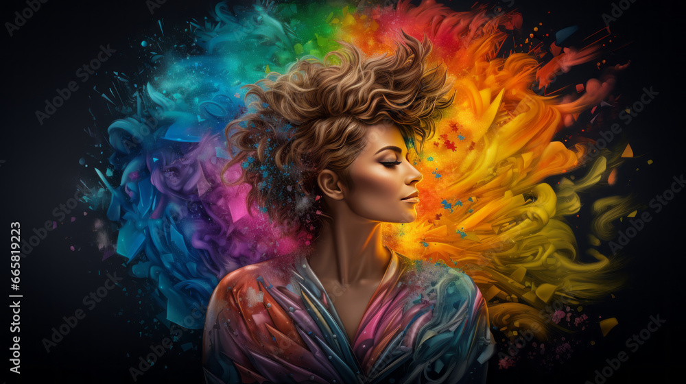 Wall mural Portrait of woman with colorful make-up surrounded by a rainbow color explosion, generated with ai