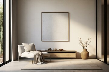 Minimalist poster displayed in a home interior with sparse furnishings, presented as a 3D rendering. Generative AI