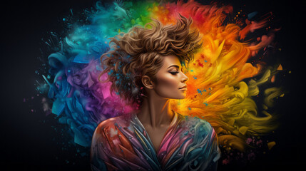Portrait of woman with colorful make-up surrounded by a rainbow color explosion, generated with ai