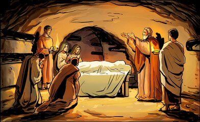 Illustration early Christians burying body in a catacomb.Ceremonies and cults in ancient Rome