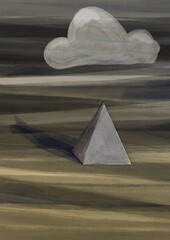 Ilustraci&oacute;n piramide con nube en el desierto de noche