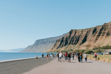 A pristine black sand beach on the rugged coast of Iceland, with towering cliffs and crashing waves, a dramatic and breathtaking landscape that showcases the unique beauty of this Nordic islan