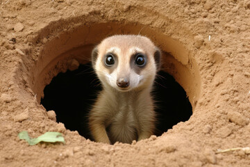 A meerkat peering out from its burrow, the intricate network of underground tunnels symbolizing the meerkat's ability to create safe havens in the harsh and unpredictable savannah environmen