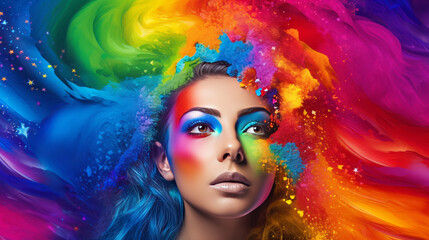 Obraz na płótnie Canvas Portrait of woman with colorful make-up surrounded by a rainbow color explosion, generated with ai