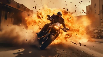 Fotobehang Adrenaline Rush: Motorcycle Escape Amid Explosions. Generative ai © Scrudje