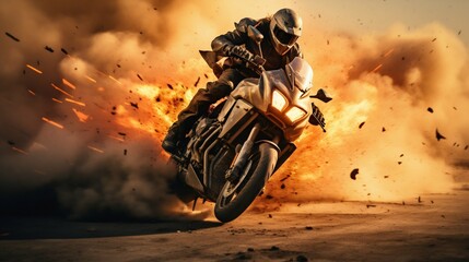 Adrenaline Rush: Motorcycle Escape Amid Explosions. Generative ai