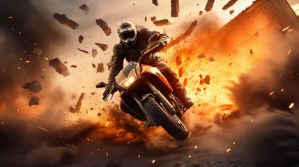 Foto op Plexiglas Adrenaline Rush: Motorcycle Escape Amid Explosions. Generative ai © Scrudje