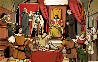Illustration of medieval king on his throne. Feudal kingdom and payment of taxes in the Middle Ages