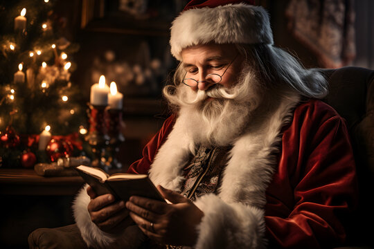 Satna claus reading a book in warm cozy room, sitting in a comfortable chair with a christmas decorations and candles in background, close up portrait