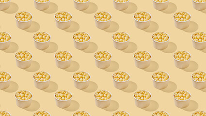 Pattern of pasta conchigliei noodle in bowl on yellow pastel backgorund