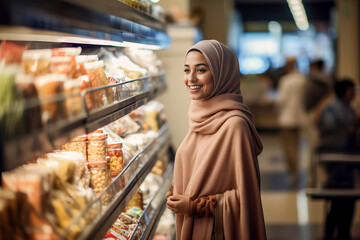 A Muslim woman wearing a hijab shopping in a supermarket