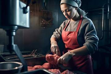 Butcher woman in factory working with meat
