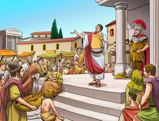 Statement and law in Roman Empire.Illustration of roman messenger in town square announcing news. 