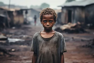 Gordijnen Glimpse of Innocence: Young Boy Amidst Challenges in an African Village. Generative ai © Scrudje