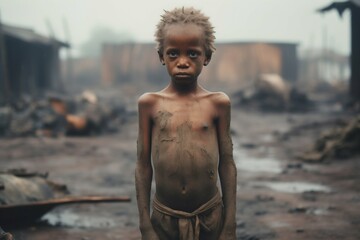 Glimpse of Innocence: Young Boy Amidst Challenges in an African Village. Generative ai