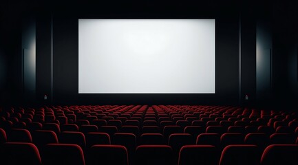 Cinema Awaits: Blank Movie Screen with Audience in Modern Theater. Generative ai - obrazy, fototapety, plakaty
