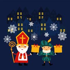 Saint Nicholas or Sinterklaas and friend celebrate Christmas holiday. Saint Nicholas and Zwarte Piet celebrate Dutch holidays at winter night - vector 