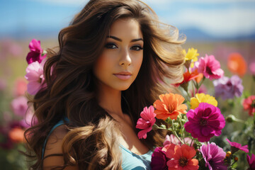 Naklejka premium A stylish shot of a model wearing a colorful dress adorned with a vibrant floral pattern, combining fashion and flowers to create a visually striking and fashionable image | ACTORS: Model | LOCATION T