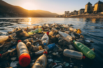 Mountains of garbage on the water. Plastic waste in the sea. Plastic trash on the lake. 3d rendering. The concept of environmental pollution - obrazy, fototapety, plakaty