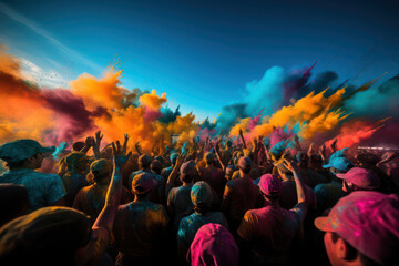 A breathtaking shot of people celebrating Holi at sunset, with vibrant colors splashed against the...
