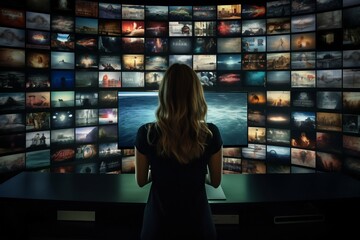 Digital Dive: Woman Engaged with Smart TV Streaming Choices. Generative ai - obrazy, fototapety, plakaty