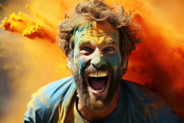 A vibrant shot capturing the joyous atmosphere of the Holi festival, with people playfully throwing colorful flower petals and gulal (colored powder) in the air, creating a burst of colors and capturi