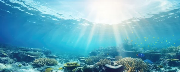 Fototapeten World ocean wildlife landscape, sunlight through water surface with coral reef on the ocean floor, natural scene. Abstract underwater background © ratatosk