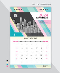 November 2024 layout, Wall calendar 2024 template pastel creative backgrounds, Desk calendar 2024 design, poster, planner, Calendar date, Week starts on Sunday, Stationery, vertical page, vector
