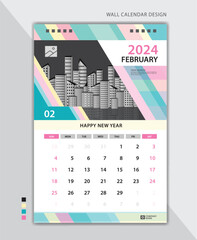 February 2024 layout, Wall calendar 2024 template pastel creative backgrounds, Desk calendar 2024 design, poster, planner, Calendar date, Week starts on Sunday, Stationery, vertical page, vector