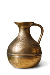 copper or brass antique handmade jug, isolated on a white background