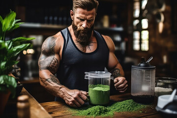 A fitness enthusiast enjoying a post-workout green smoothie, showcasing the combination of leafy greens, fruits, and protein powder for muscle recovery and sustained energy | ACTORS: Fitness Enthusias