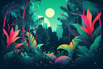 Fototapeta na wymiar Vibrant tropical jungle with bamboo, neon lights, and banana leaves. Retro poster background inspired by the 60s, 70s, and 80s. Generative AI