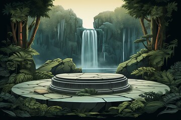 Illustration of stone platform above waterfall streams, with a jungle forest and mountain backdrop, featuring a round pedestal for product display. Generative AI