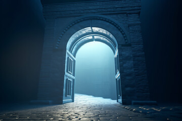 mysterious ancient arch, all in smoke and fog, a back light. light rays. Generative AI