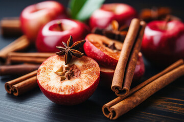 A tabletop arrangement of apples, intertwined with fall leaves and cinnamon sticks, evoking a cozy autumn ambiance and the scent of spiced apple desserts. | ACTORS: Apples, Fall Leaves, Cinnamon Stick