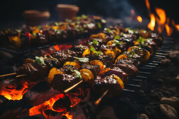 A mouth-watering shot of a street food vendor preparing and grilling skewers of succulent marinated meats, releasing aromatic smoke and sizzling sounds, offering a sensory delight | ACTORS: None | LOC - obrazy, fototapety, plakaty