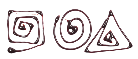 Chocolate topping, melted, in geometric shapes isolated on white, top view