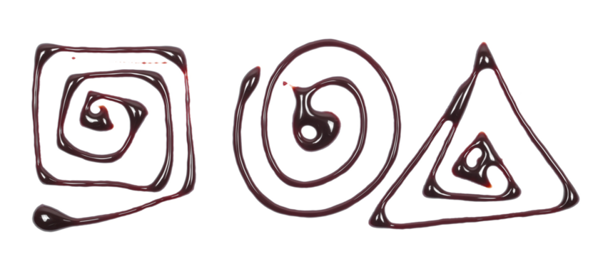 Chocolate topping, melted, in geometric shapes isolated on white, top view