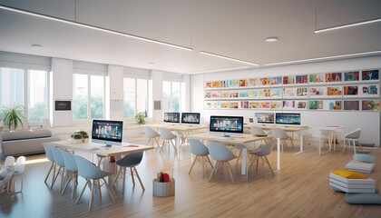 Modern white and blue open space office interior - obrazy, fototapety, plakaty