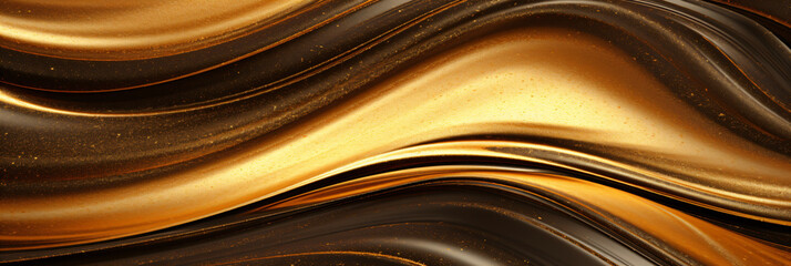 Gold fluid abstract wave pattern composed of metallic sheen and finish brown lines flowing and curving. - obrazy, fototapety, plakaty