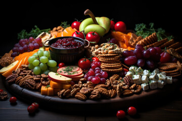 A beautifully styled vegan cheeseboard featuring a variety of artisanal plant-based cheeses, accompanied by fresh fruits, nuts, and crackers, inviting indulgence and appreciation for vegan cheese craf