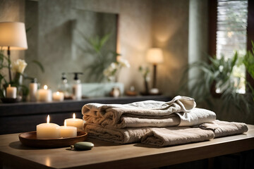  Spa product are placed in luxury spa resort room, ready for massage therapy from professional...