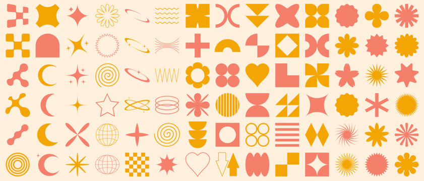 Collage of brutalist geometric shapes. Trendy abstract minimalist figures, stars, flowers, circles. Modern abstract graphic design elements.