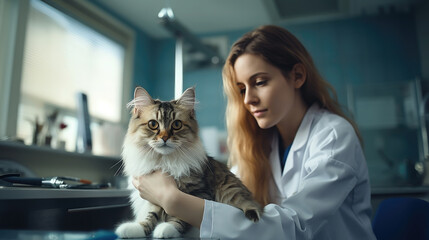 fluffy cute domestic cat at a veterinarian's appointment, animal clinic, pet, veterinary medicine, health, treatment, therapist, feline, kitten, care, office, room, professional - obrazy, fototapety, plakaty